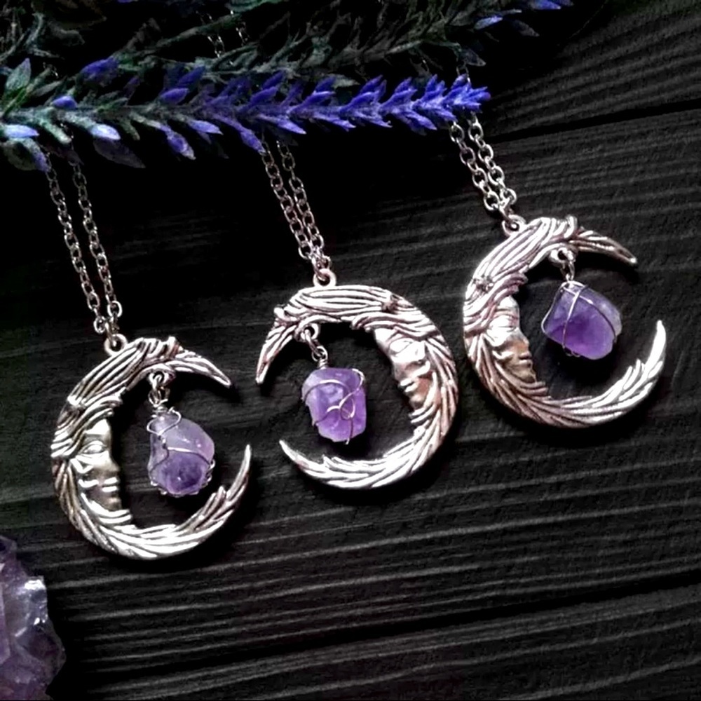 Amethyst Crystal Moon Shape Pendant Necklace